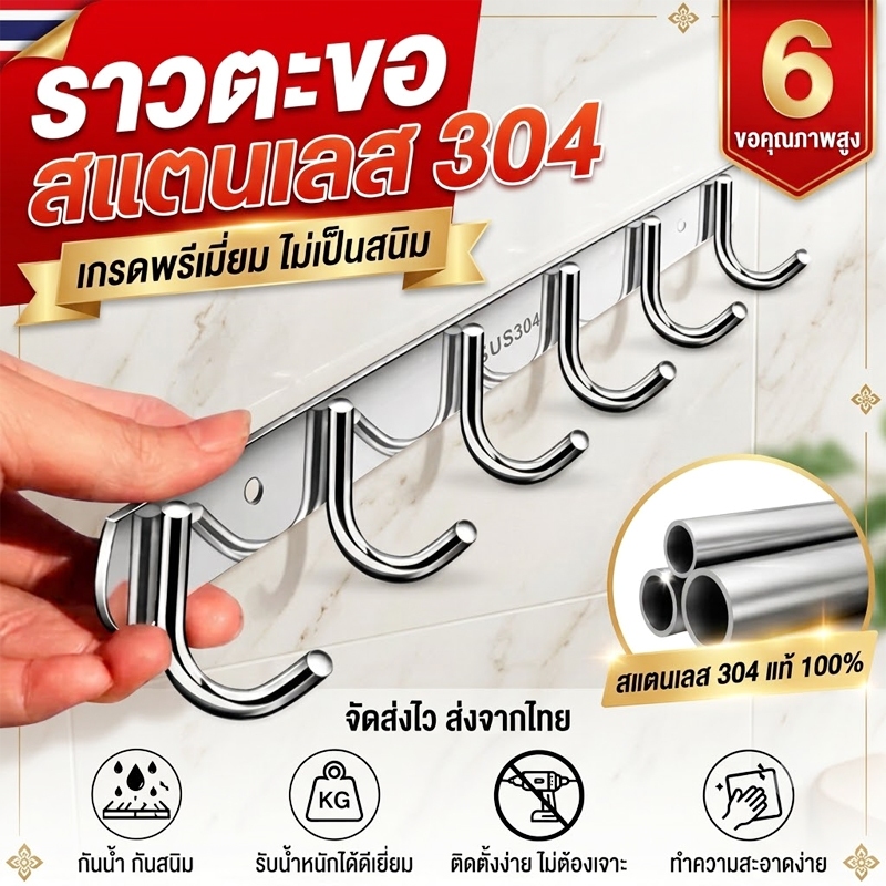 ราวตะขอแขวนสเตนเลส 304 แบบ 6 ตะขอ ตะขอแขวนติดผนัง แข็งแรง ทนทาน