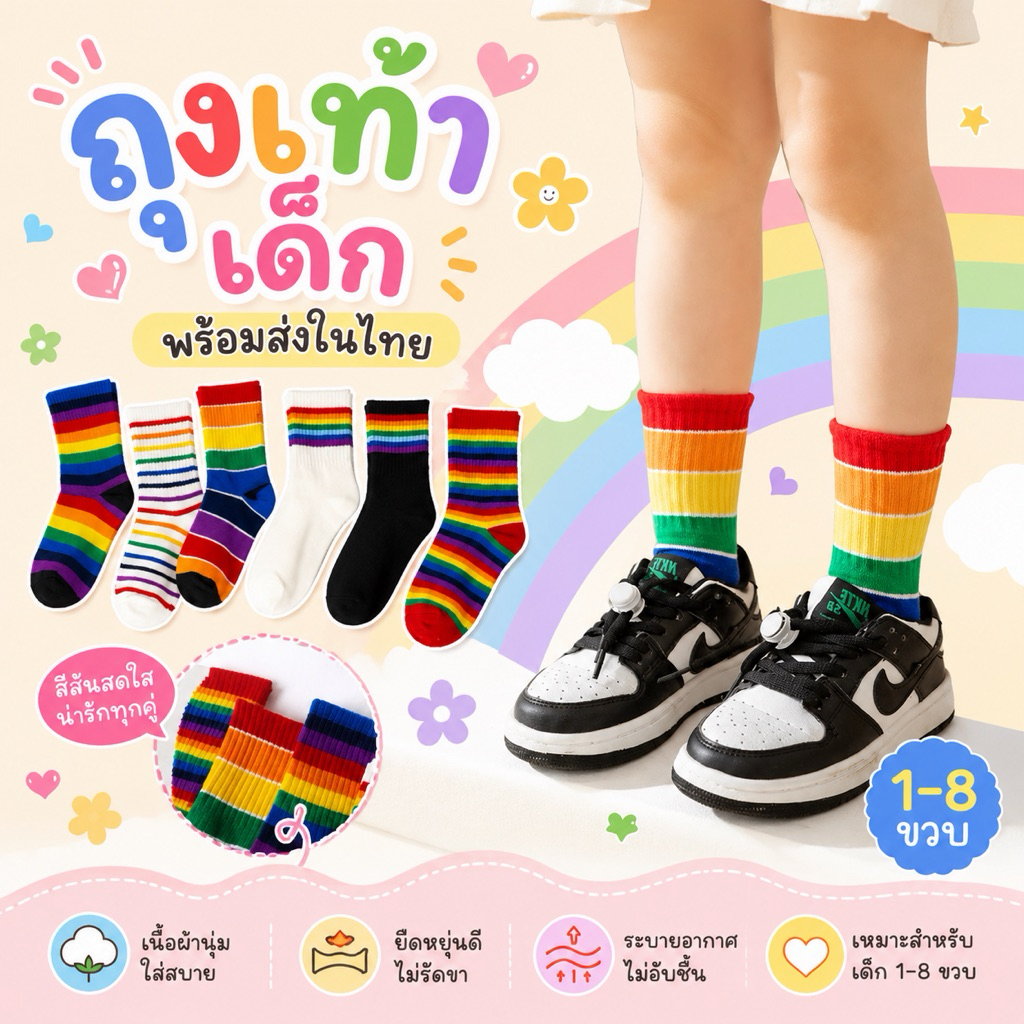 KC174 ถุงเท้าเรนโบ Rainbow ถุงเท้าเด็ก สีสันสดใส พร้อมส่งในไทย ไม่ต้องรอ