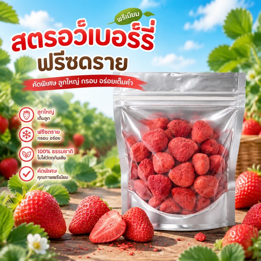 🍓 สตรอว์เบอร์รี่ฟรีซดรายกรุบกรอบพรีเมียม ลูกใหญ่จุใจ หอมหวานละมุน เคี้ยวสนุกอร่อยเกินห้ามใจ มี 3 ไซส์