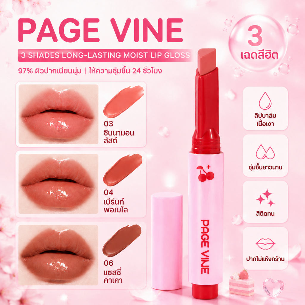 (พร้อมส่ง) PAGE VINE ลิปคลิกเชอร์รี่ ลิปไอติมเนื้อเงา ลิปบาล์มชุ่มชื้น 24ชม ปากฉ่ำ ไม่แห้งกร้าน