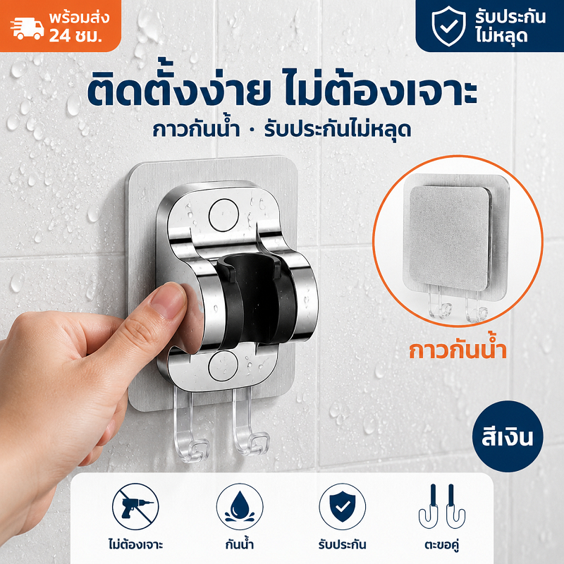 มาดามก๊อก ขาแขวนแบบแปะ ที่แขวนฝักบัวแบบแปะ ติดตั้งง่าย ไม่ต้องเจาะผนัง ปรับองศาได้ มีตะขอ 2 อัน