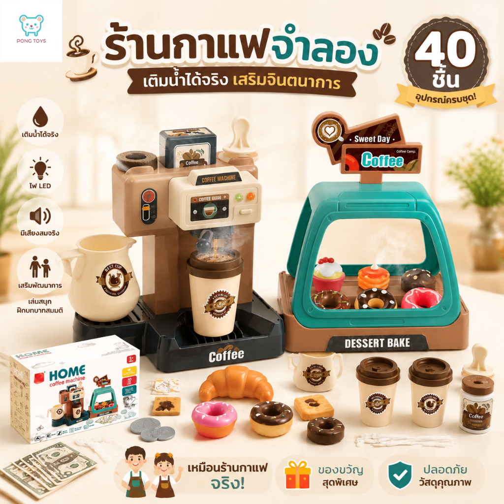 ชุดของเล่นร้านกาแฟ+ขนม สำหรับเด็ก เติมน้ำได้จริง 40 ชิ้น ของเล่นบทบาทสมมติ เสริมจินตนาการ พร้อมชุดเครื่องชงกาแฟ