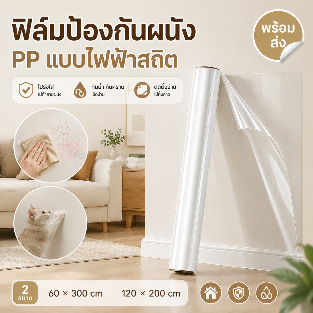 ฟิล์มกันรอยผนังใส สติกเกอร์สูญญากาศ กันน้ำมัน กันรอยขีดเขียน ลอกง่ายไม่ทำลายสีผนัง พร้อมส่ง