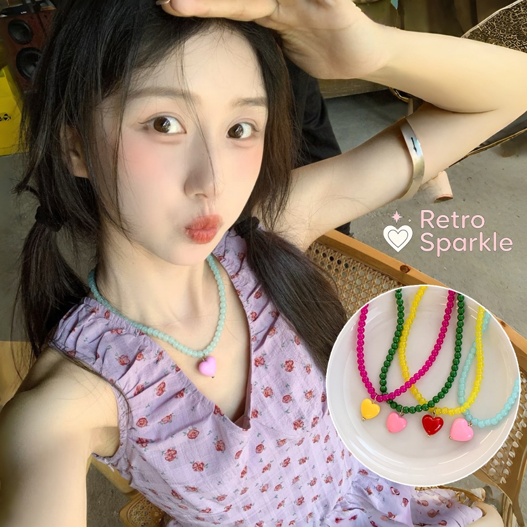 สร้อยคอ necklace เครื่องประดับ y2k สไตล์เกาหลี ins การตัดสี จี้ heart วินเทจ หวาน dopamine COD
