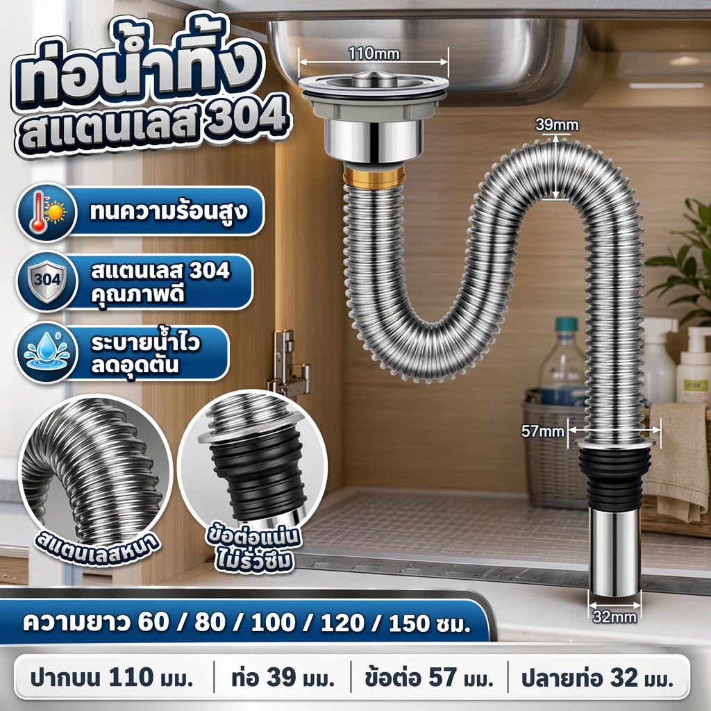 ท่อน้ำทิ้งอ่างล้างจาน สแตนเลส304 60/80/110/120150cm ไร้การอุดตัน กันระเบิด กันแมลงและกันกลิ่น100% ติดตั้งง่าย ทำความสะอา