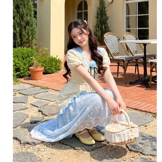 (มี3XL) Sun Shine Dress เดรสยาวผ้าคอตตอนตัดต่อผ้าลูกไม้ ปกคอบัวงานปักแต่งโบว์หน้า ซิปหลัง มีซับใน