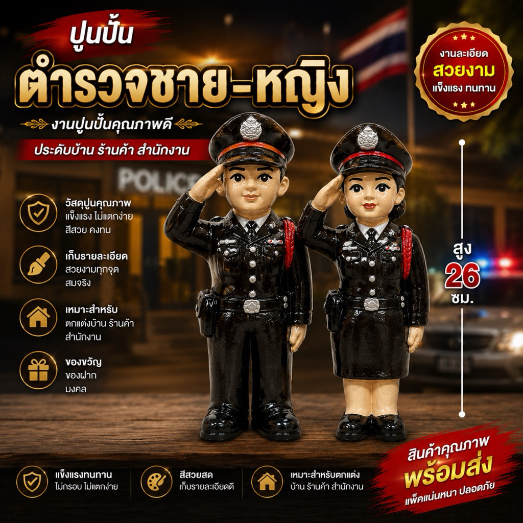 ปูนปั้นตำรวจชาย-ตำรวจหญิง สูง 26 ซม.