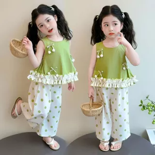 Babyonline(Y459)I4 (ส่งด่วน1วัน)ชุดเซ็ตเสื้อแขนกุดกางเกงขายาวสำหรับเด็กผู้หญิง ใส่สบาย ระบายอากาศ