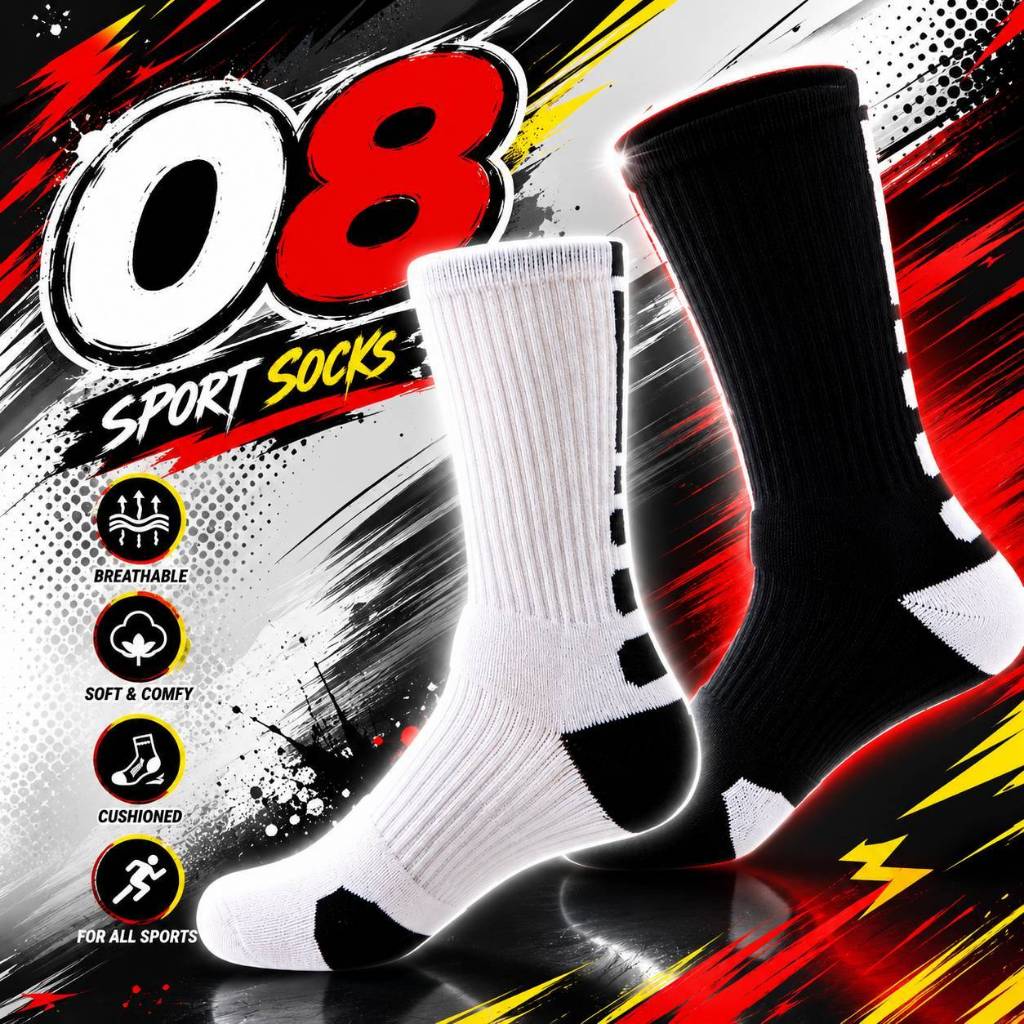 ถุงเท้ากีฬา รุ่น 08 Sport Socks ผ้าหนา ซับแรงกระแทก ระบายอากาศ กระชับเท้า สีขาว/ดำ
