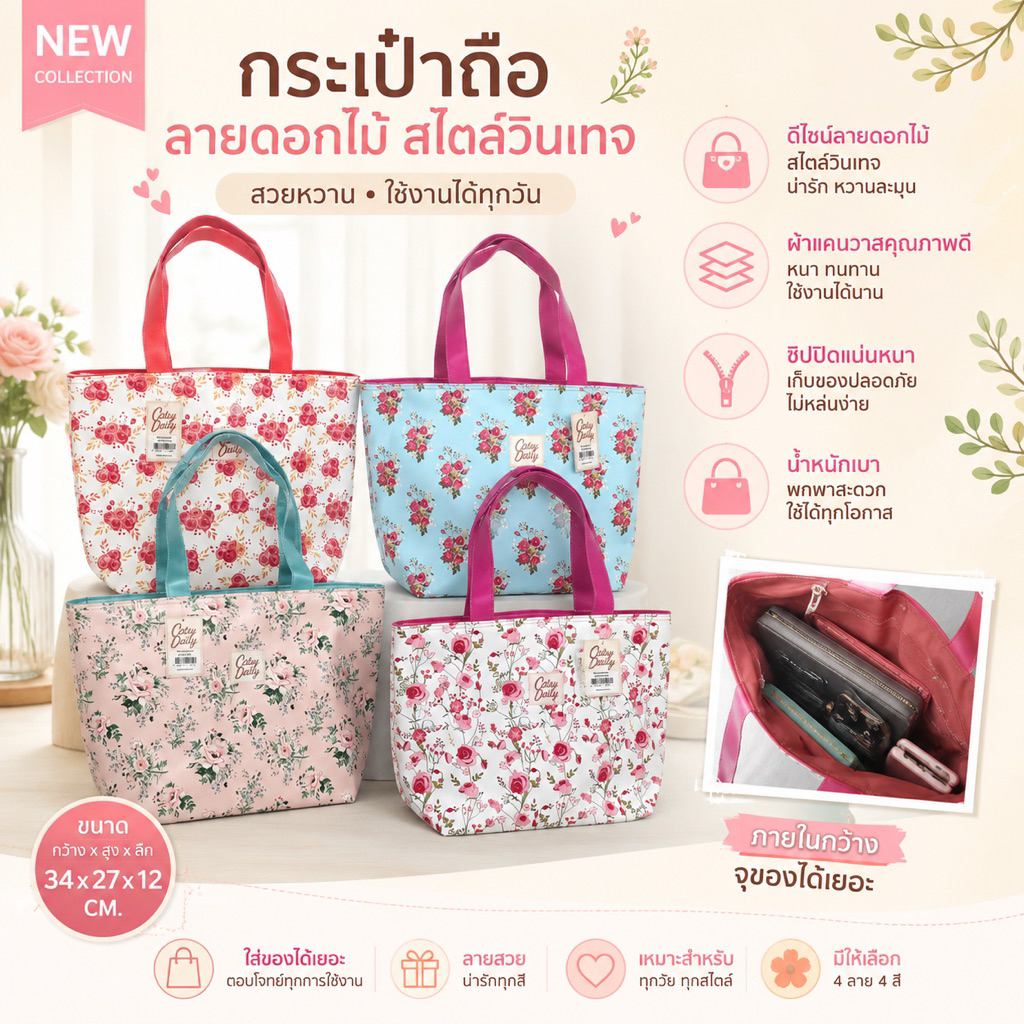 กระเป๋าถือลายดอกไม้ สไตล์วินเทล กระเป๋าถือสวยหวาน น่ารัก กระเป๋าแฟชั่น