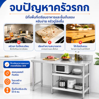 CompactSteel โต๊ะวางเตาแก๊ส 304 ชั้นวางเตาแก๊ส 3 ชั้น มีแผงกันกระเด็น 80/100/120/150cm ประหยัดพื้นที่