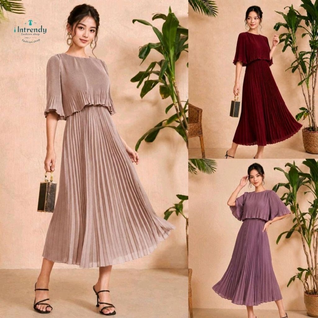 พร้อมส่ง.เดรสคอกลมสาวอวบRound neck chiffon peat dress  B425 { อก: 34 - 46 นิ้ว } ใส่สวย เป็นผ้าชีฟองอัดพลีท