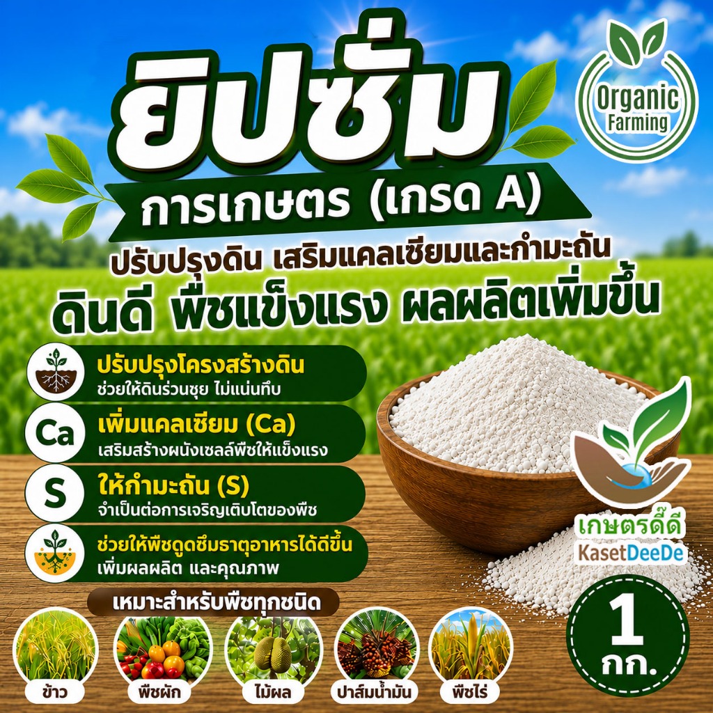 ยิปซั่มการเกษตร (1KG) เกรด A แร่ธรรมชาติ ตัวช่วยปรับปรุงดินและฟื้นฟูต้นไม้ที่คุณรัก!