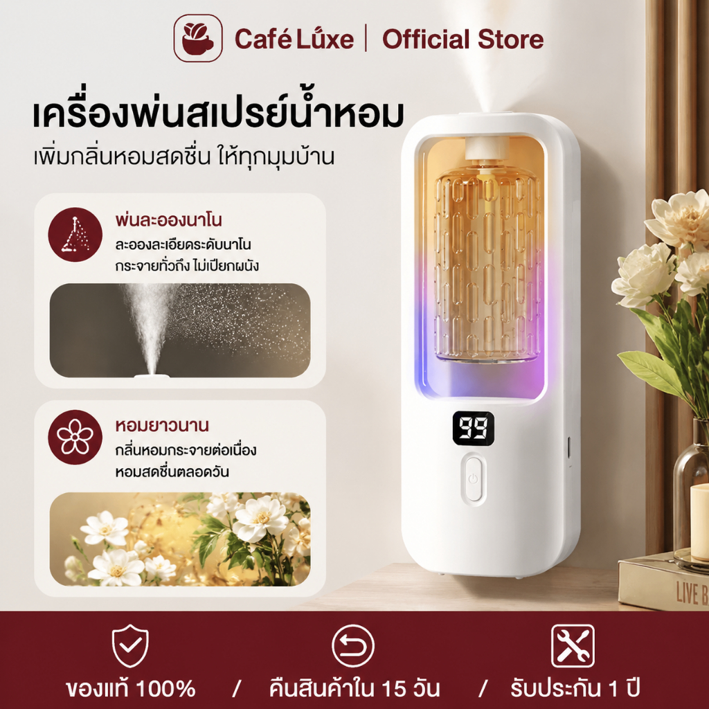 เครื่องพ่นน้ำหอม เครื่องฟอกอากาศอโรมา 5 โหมดสเปรย์น้ำหอม สเปรย์ระดับนาโน กระจายกลิ่นหอมยาวนาน