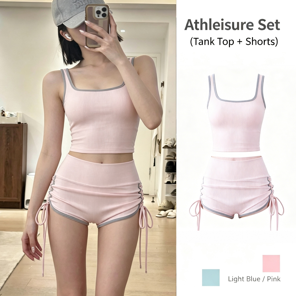 พร้อมส่ง ชุดเซ็ตผู้หญิง เสื้อครอป+กางเกงขาสั้น มีฟองน้ำในตัว ผ้านุ่มระบายอากาศ สไตล์เกาหลี ใส่ออกกำลังกายและเที่ยวได้