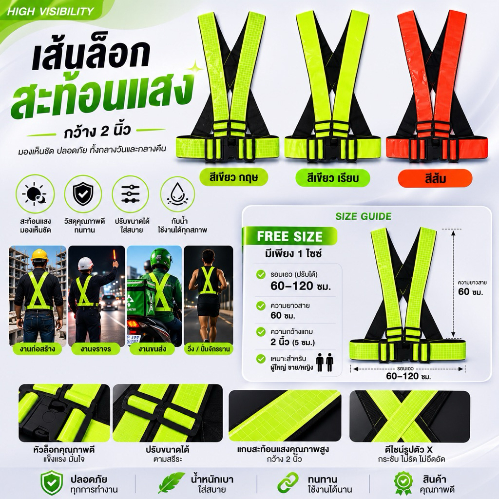 เส้นล็อค X-LOCK PRO 2 นิ้ว | High Visibility Free Size ปรับได้ เสื้อสะท้อนแสง งานก่อสร้าง งานจราจร PPE