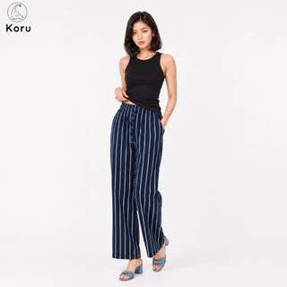 KORU กางเกงขายาวทรงหลวม ลายริ้วแถบใหญ่เอว 24 - 42 นิ้ว