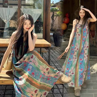 Dahong ใหม่ ชุดเดรสผู้หญิง แบบผูกเชือก พิมพ์ลายแนวชนเผ่า ชุดเดรสแม็กซี่ยาว แขนกุด พิมพ์ลายดอกไม้ 99069