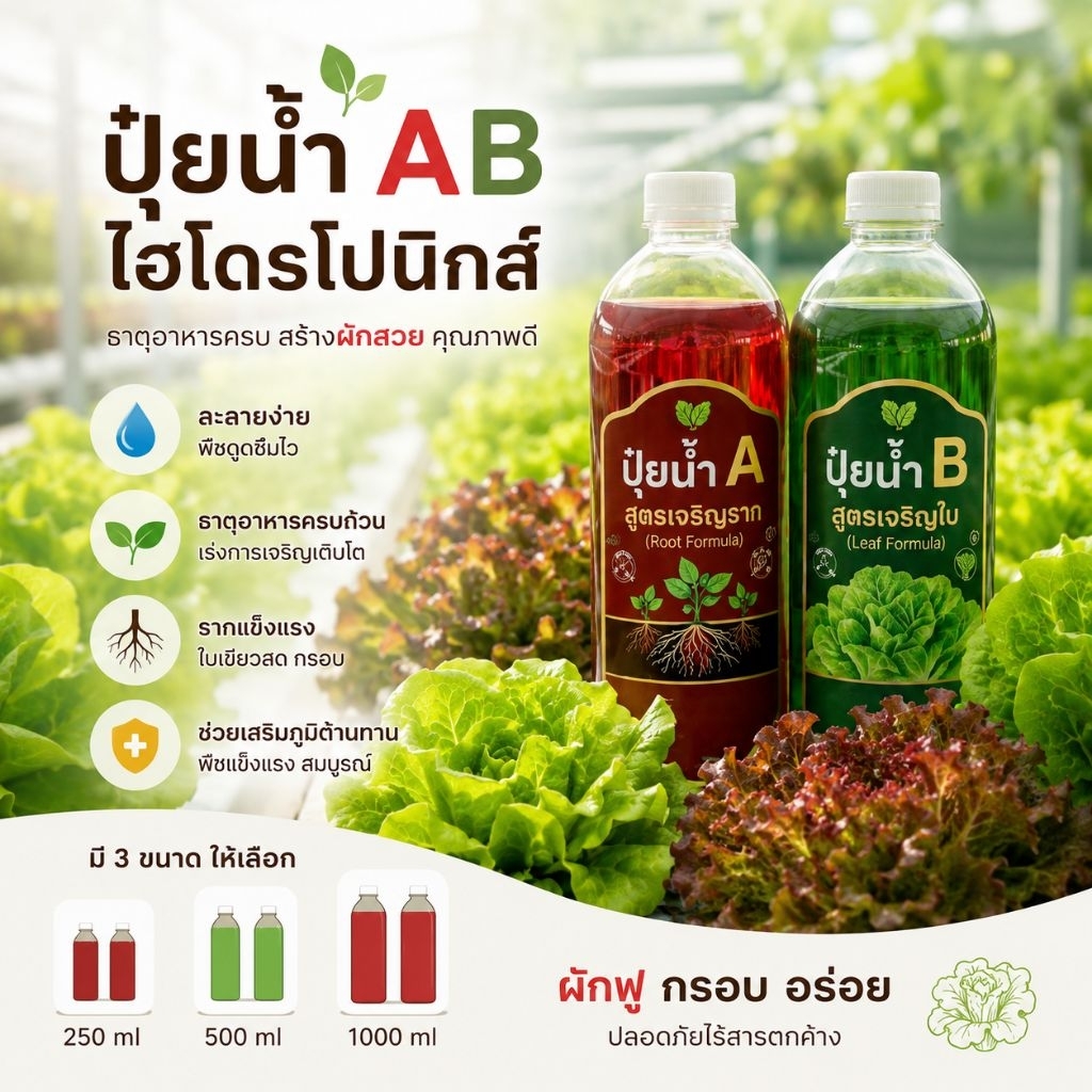 ปุ๋ยไฮโดรโปนิกส์ ปุ๋ยน้ำAB แพ๊คคู่ ขนาดทดลอง 250 ml. ปุ๋ยเอบี ปุ๋ยผักสลัด ปุ๋ยบำรุงต้น สารละลายเอบี ผักโตดี