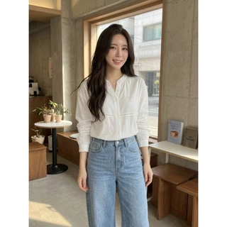 B701 เสื้อเชิ้ตคอตั้ง แต่งฉลุ แขนพอง เรียบหรู ใส่ได้ทุกโอกาส