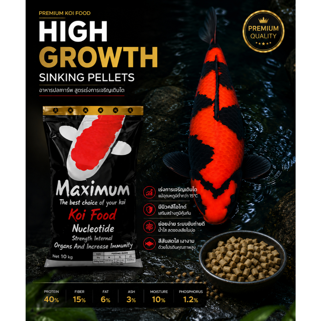 อาหารปลาคาร์ฟ เม็ดจม  สูตรเร่งโต  Maximum High Growth โปรตีนสูง น้ำไม่ขุ่น ใช้ได้แม้อุณภูมิต่ำลง 10 กิโลกรัม