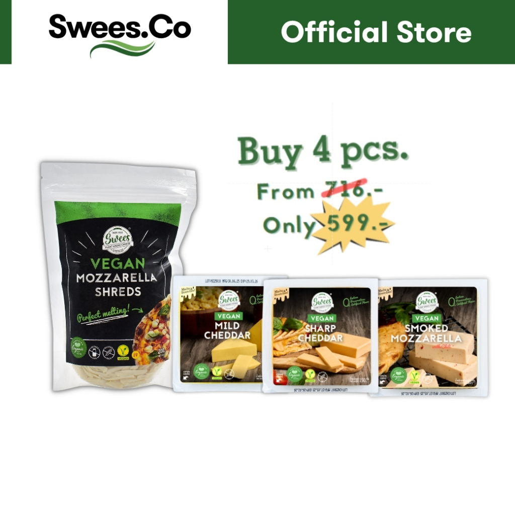 ชีสวีแกน 4 cheese (Cheddar slices, Swiss Style slices, Mozzarella Shreds, Smoked Mozzarella) by Swees Cheese