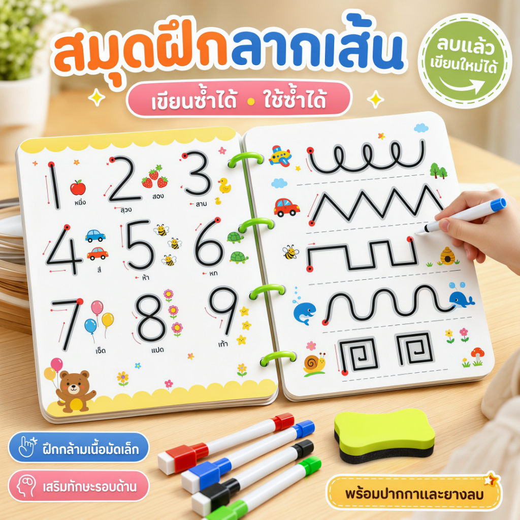 BHQ หนังสือฝึกลากเส้น สมุดฝึกเขียนลบได้ ฝึกได้ตั้งแต่ 2-3 ขวบ เสริมพัฒนาการ