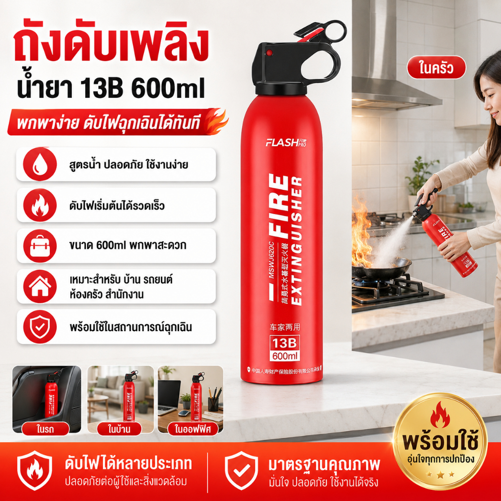 ถังดับเพลิงชนิดเคมีสูตรน้ำแบบพกพา ขนาด 600 มล. ดับไฟได้รวดเร็ว น้ำหนักเบา พกพาสะดวก เหมาะสำหรับบ้าน รถยนต์ และสถานการณ์ฉ