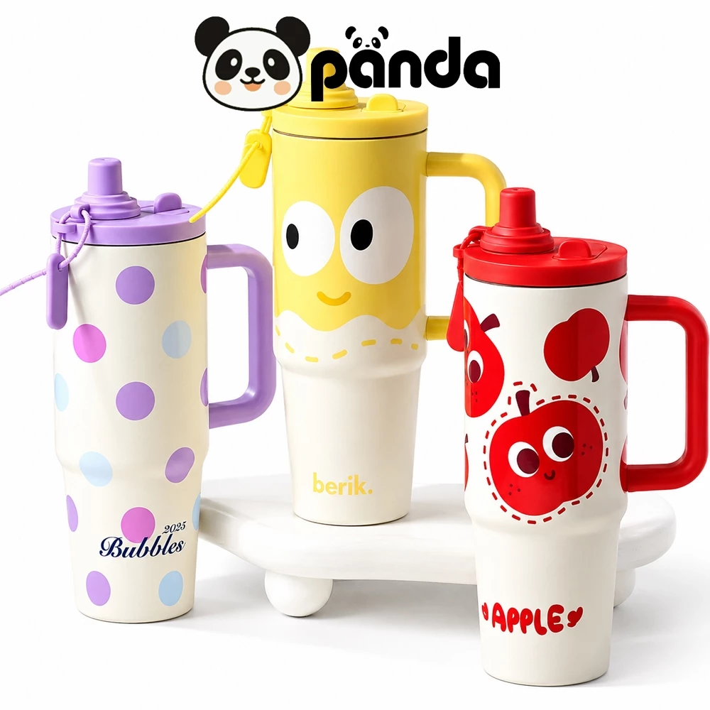 PANDA แก้วเก็บอุณหภูมิ 900ml. แก้วเก็บความเย็น แก้วสแตนเลส มีทีจับ.ยางรองก้น และที่กรองชา แถมฟรี หลอด!! ไอน้ำไม่เกาะ