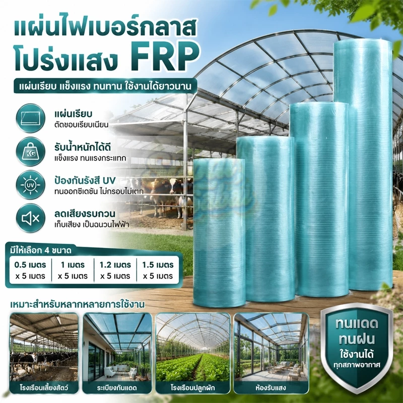 แผ่นหลังคาโปร่งแสง FRP ลอนคู่ วัสดุไฟเบอร์กลาส กันน้ำกันแดด ไม่เหลืองไม่เสียรูป มีขนาดยาว 1 ม. / 5 ม. พร้อมส่ง