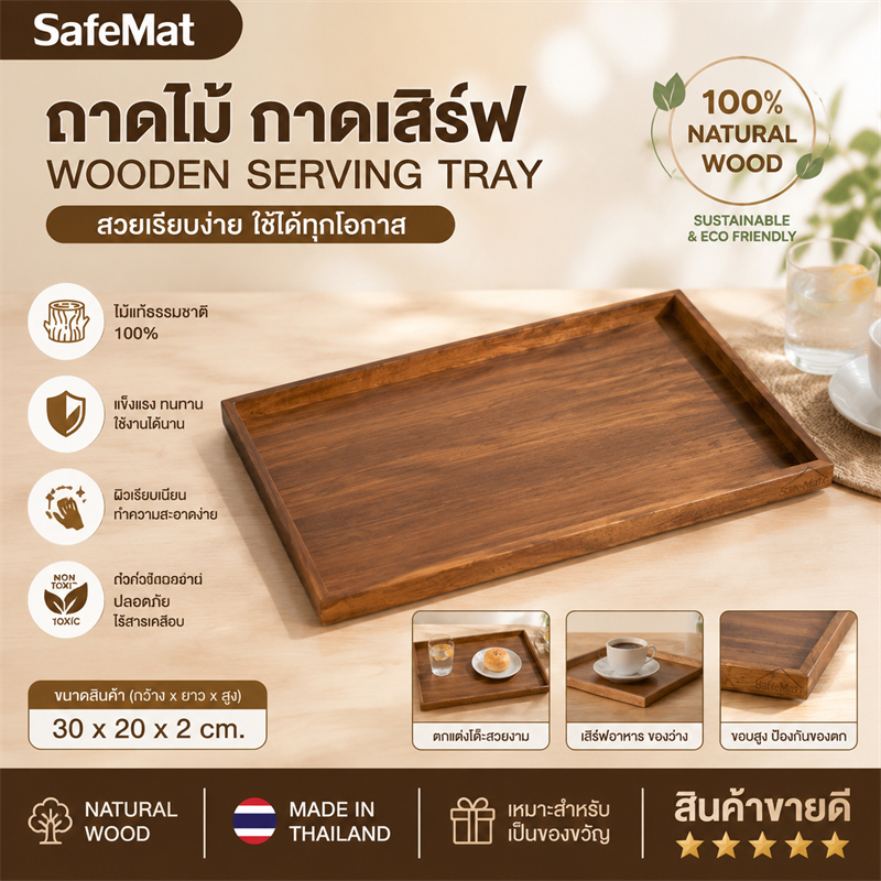 SafeMat ถาดเสิร์ฟ สี่เหลี่ยม Wooden Tray ไม้จามจุรีแท้ ถาดใส่อาหาร เครื่องดื่ม กาแฟ ขอบบาง น้ำหนักเบา ใช้งานง่าย แข็งแรง