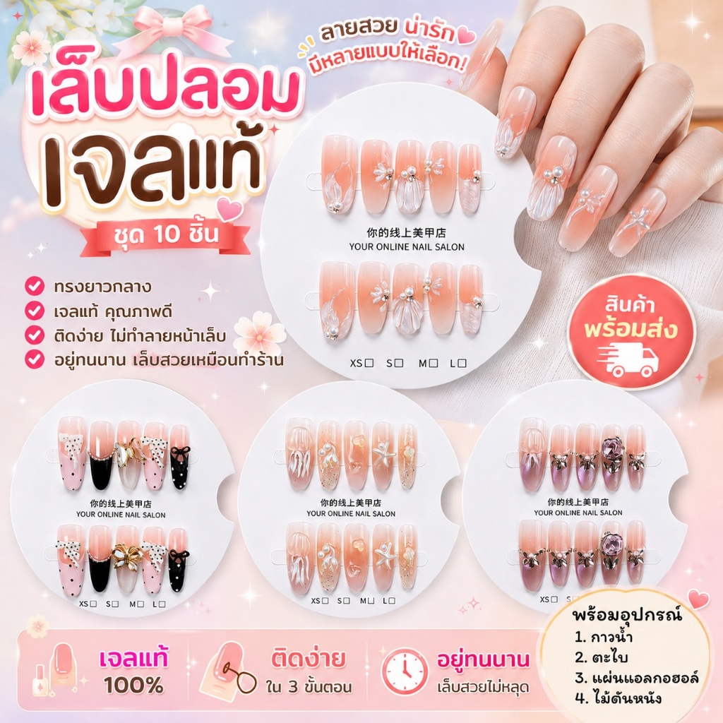 ลายใหม่เล็บปลอมเจล ทรงยาว2.5-3ซม. ชุด 10 ชิ้น เล็บปลอมสำเร็จรูปพร้อมอุปกรณ์ติด งานแฟชั่น น่ารัก ลูกแก้ว cat eyes เจ้าสาว