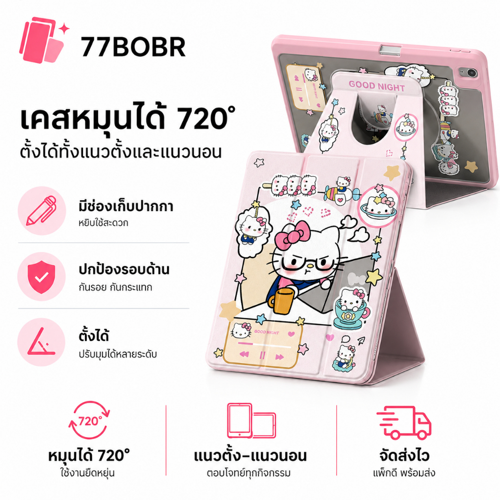 เคส iPad Gen10/11(A16) Air4/5/6/7/8 Pro11 Mini6/7 ฝาหลังฮาร์ดกใสหมุนได้มีลาดปากกาตั้งได้ตามปกติในลายแมวน่ารัก