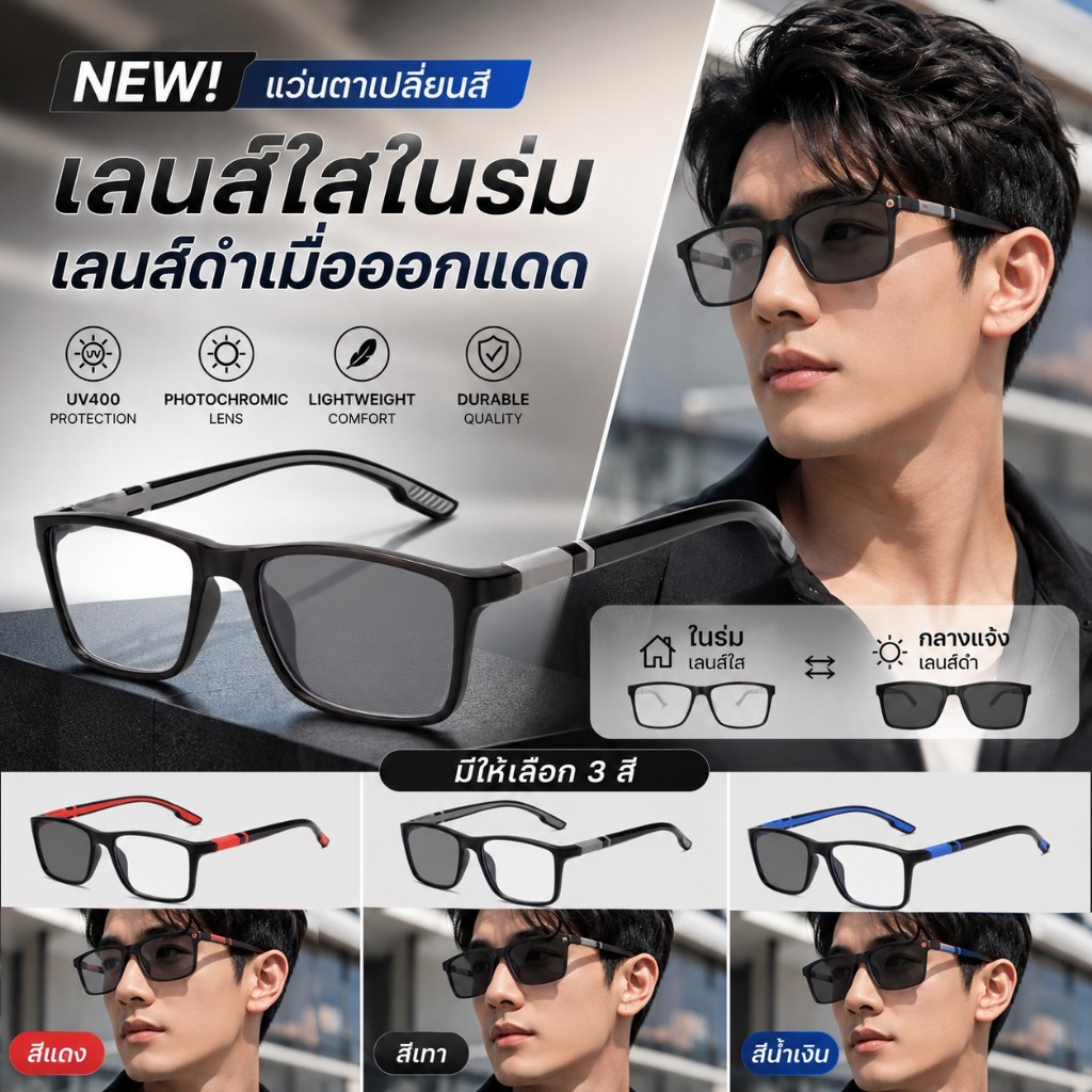 แว่นปรับแสงเลนส์Autoเปลี่ยนสีได้เมื่อออกแดดกรองแสงสีฟ้า100%จากหน้าจอ