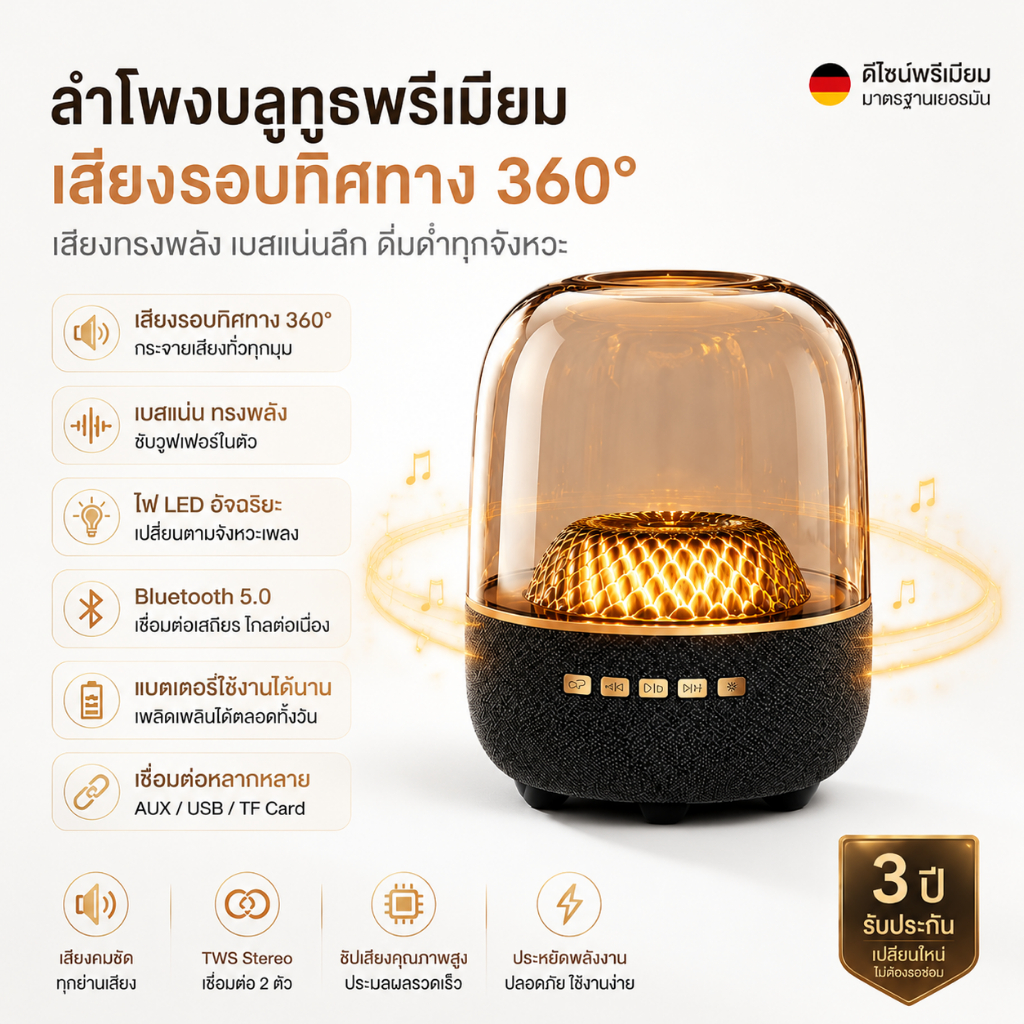 🔥รับประกัน 3 ปี 🔥 มาตรฐานเยอรมัน ลำโพงบลูทูธ เบสแน่น รองรับ TWS เสียงรอบทิศทาง 360° มีไฟ LED พรีเมียม เสียเปลี่ยนใหม่