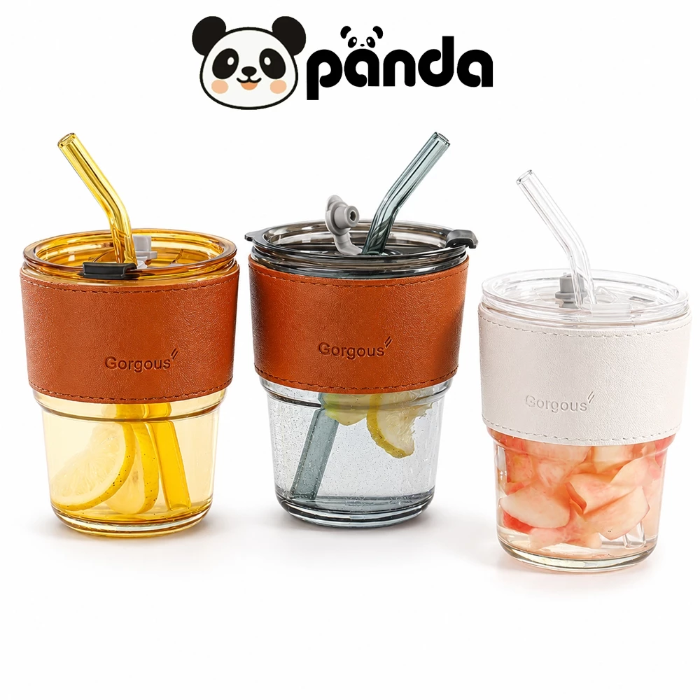 Panda ถ้วยแก้ว แก้วใส่น้ำ 450ml แก้วกาแฟ สไตล์มินิมอล พร้อมหลอดแก้ว ฝาปิด ปลอกซิลิโคนกันร้อน