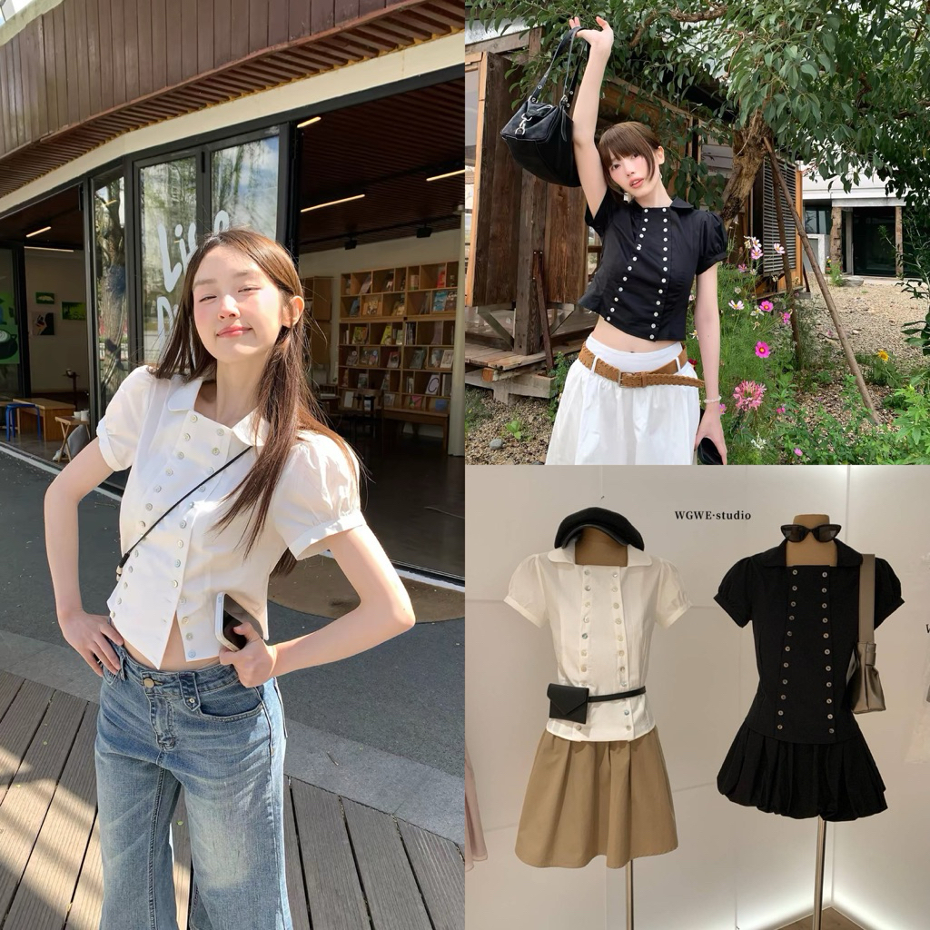 พรีออเดอร์ 𝐖𝐆.𝐖𝐄 10316 เสื้อคอปก แขนสั้น แต่งกระดุมด้านหน้า ดีไซน์เก๋