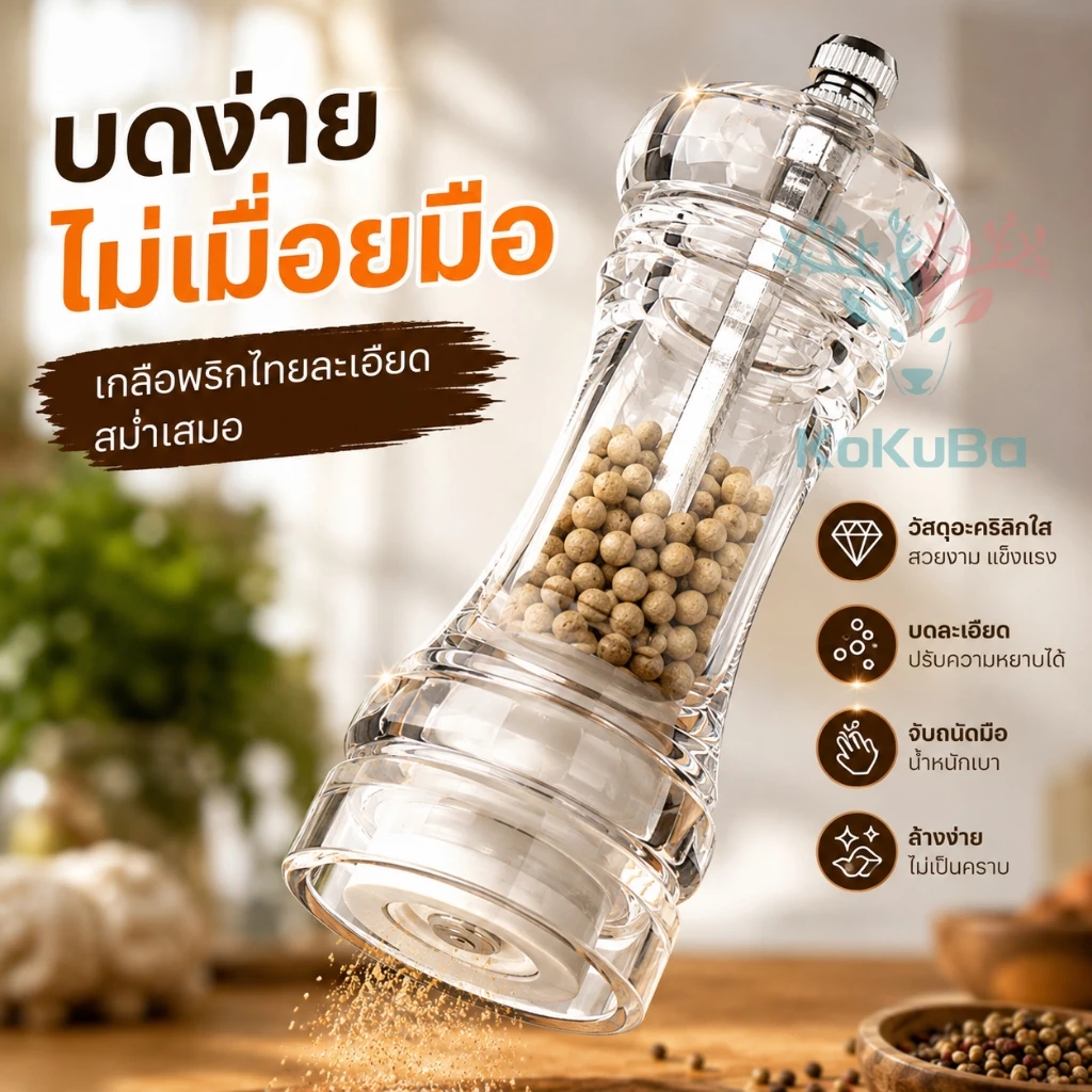KOKUBA เครื่องบดพริกไทยและเกลือแบบใช้มือ โปร่งใส ปรับความหยาบได้