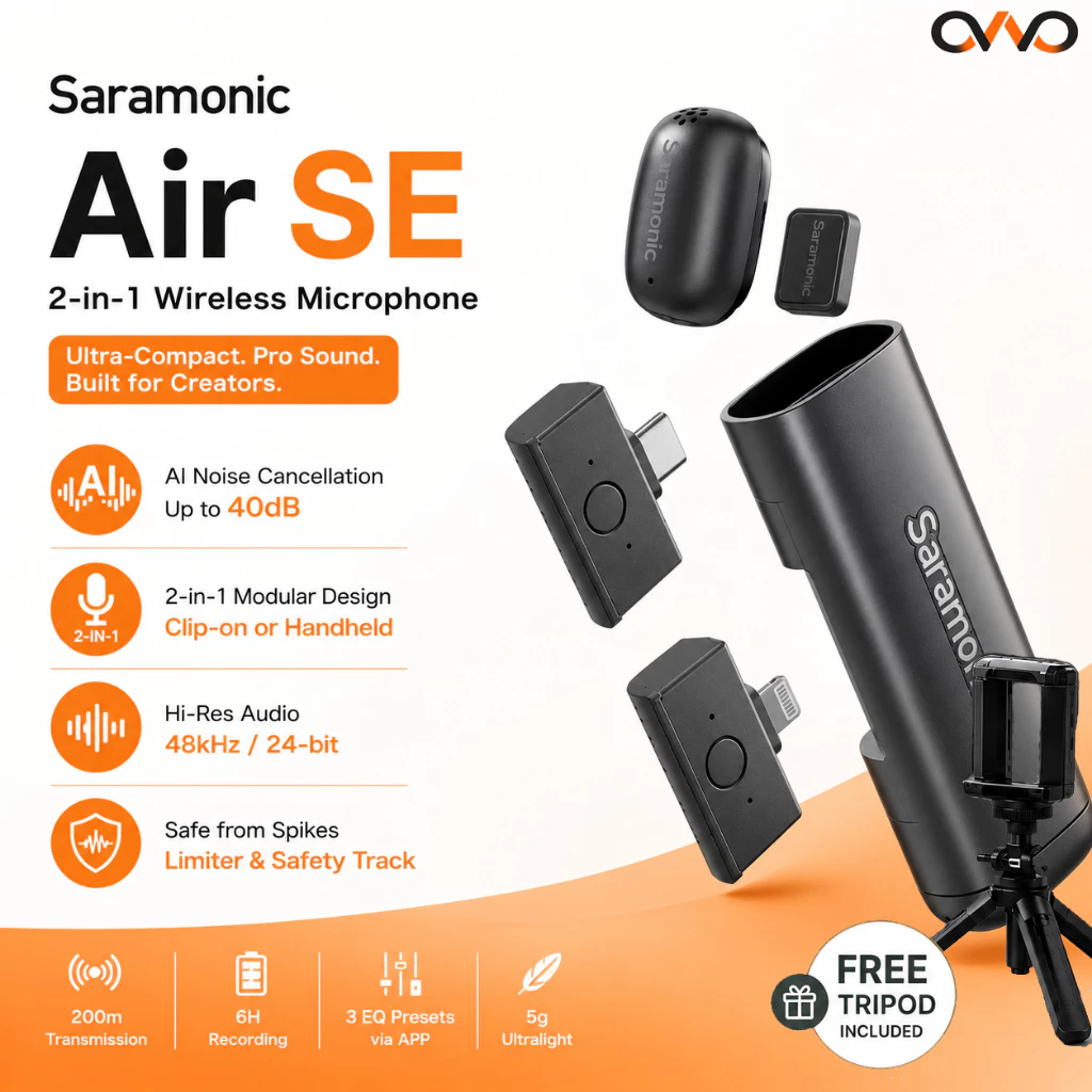 Saramonic Air SE ไมค์ไร้สาย AIตัดเสียงรบกวน 40dB 2-in-1 หนีบปก/มือถือ Hi-Res48kHz ระยะ 200m สำหรับ iPhone Android กล้อง
