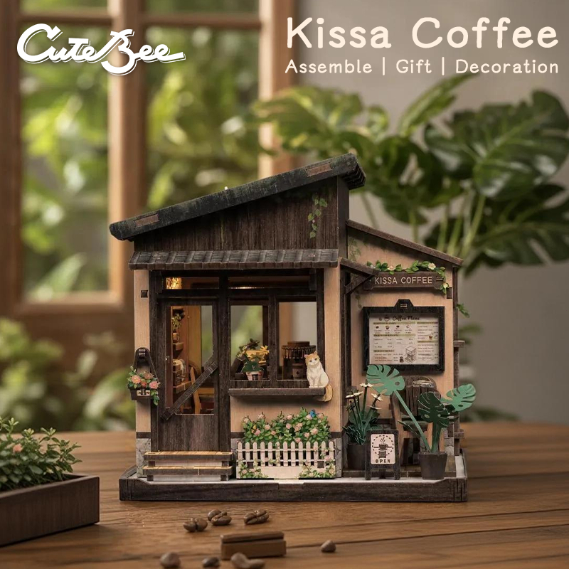 CUTEBEE Kissa Coffee Cat Cafe ร้านกาแฟญี่ปุ่น โมเดลไม้ DIY ชุดประกอบบ้านจำลอง งานฝีมือตกแต่งบ้าน ของขวัญวันเกิด