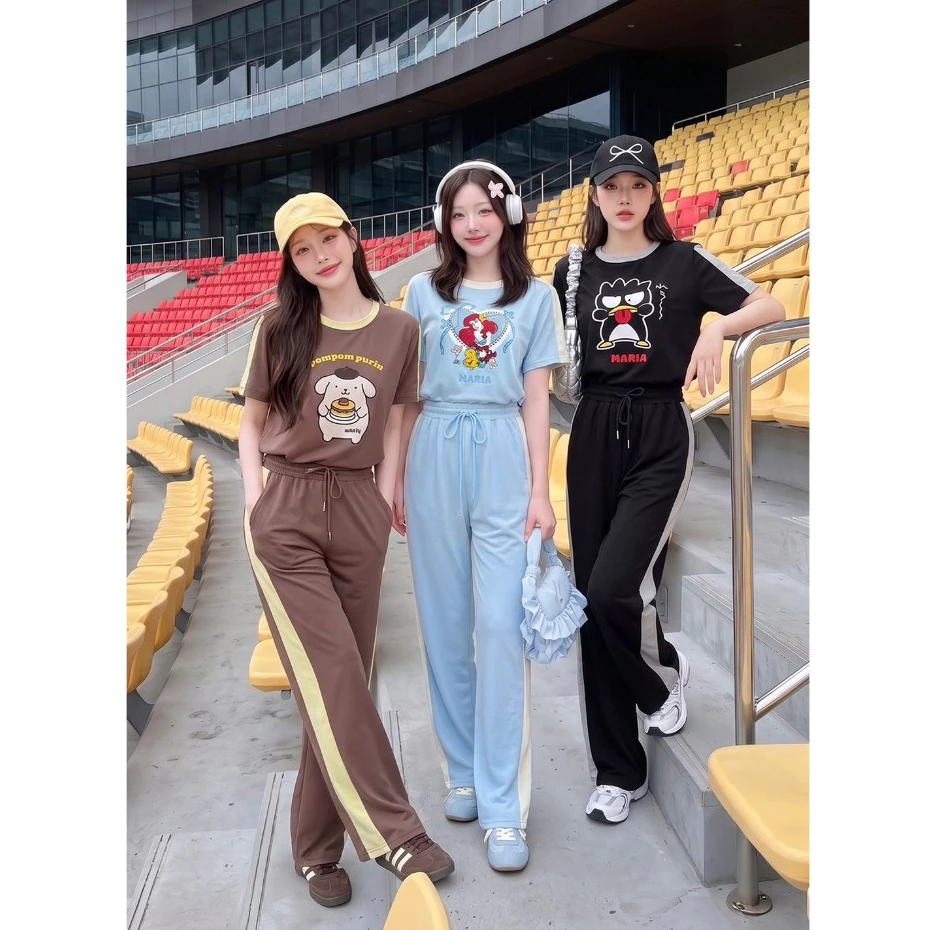 (มี3XL) มี 3 สี New Cute Set ผ้าวอร์มนาโนเนื้อนิ่ม เสื้อยืดปักลาย + กางเกงขายาวมีกระเป๋าข้างเอวสม็อคแต่งแถบข้าง