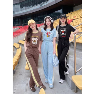 (มี3XL) มี 3 สี New Cute Set ผ้าวอร์มนาโนเนื้อนิ่ม เสื้อยืดปักลาย + กางเกงขายาวมีกระเป๋าข้างเอวสม็อคแต่งแถบข้าง