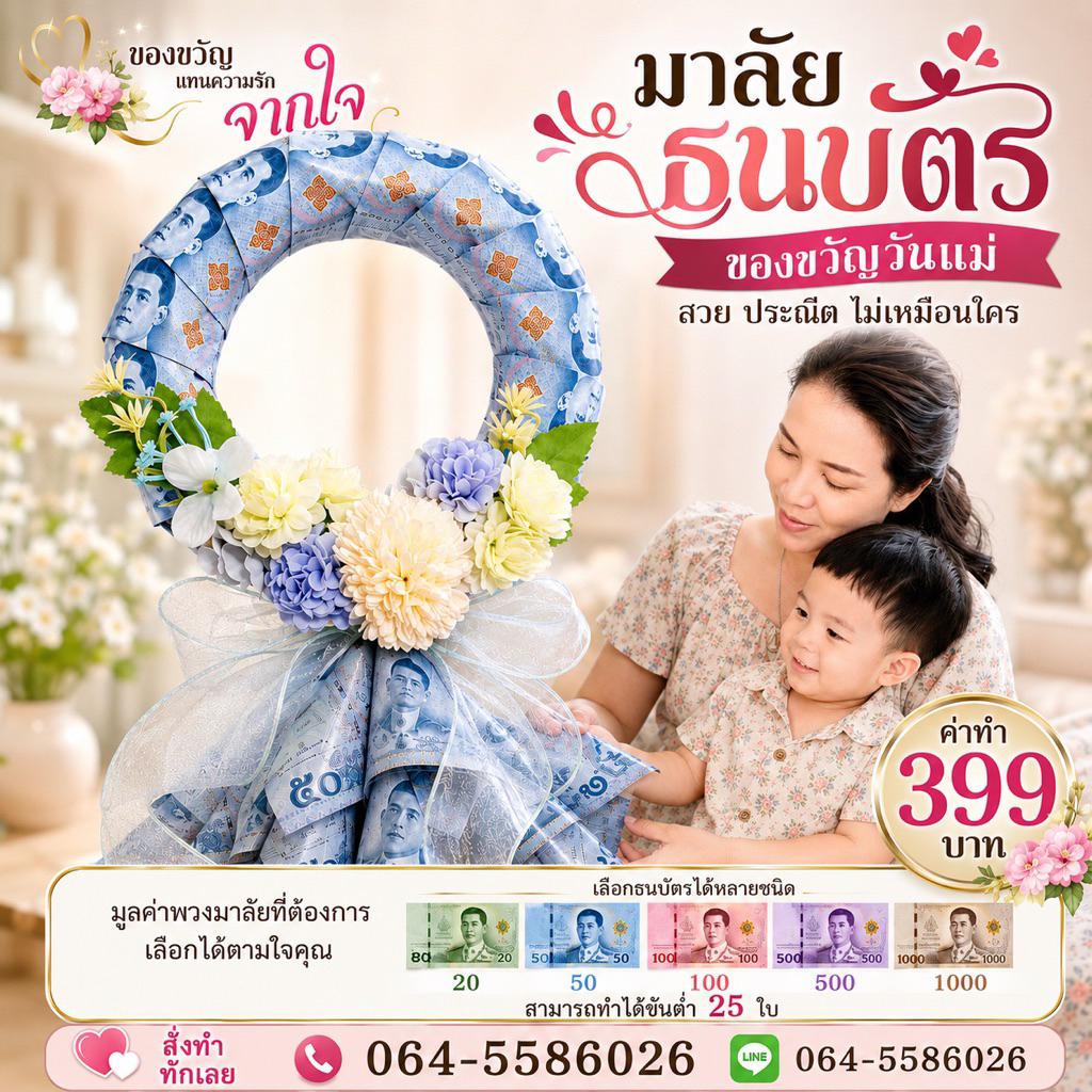 มาลัยธนบัติแท้ ของขวัญวันแม่ ของที่ระลึก (ราคาที่แสดงเฉพาะค่าทำ ส่วนมูลค่าที่ทำมาลัยลูกค้าต้องโอนแยกมาค่ะ)