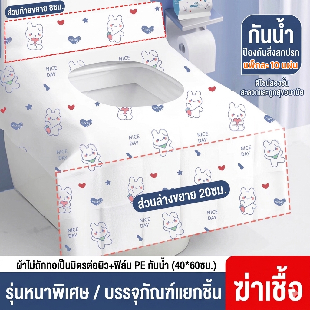 50แผ่น แผ่นรองนั่งชักโครก ปกป้องรอบด้าน กันน้ำ ดับกลิ่น พกพา