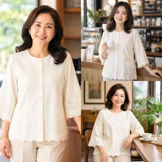 ร้านแชมป์อุดร เสื้อลูกไม้ฉลุผ้าบางคอกลมฝ่าหน้าแขนตรง มีมากกว่า 10 สี อก S,M,L,XL,2L,3L ชุดไปวัด