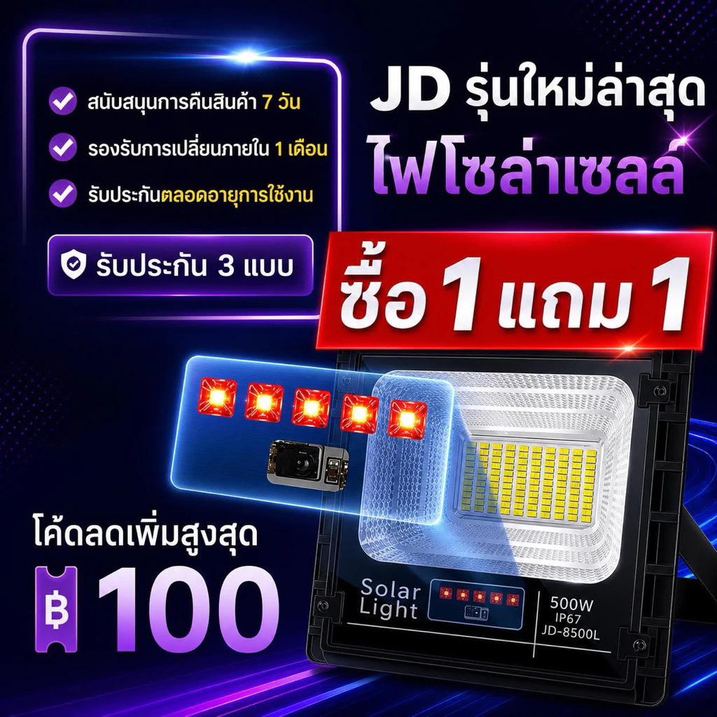 【ซื้อ 1 แถม 1】JD Solar Light 800W/600Wไฟโซล่าเซลล์ โซล่าเซลล์ ไฟled ไฟสปอร์ตไลท์ Solar Cell