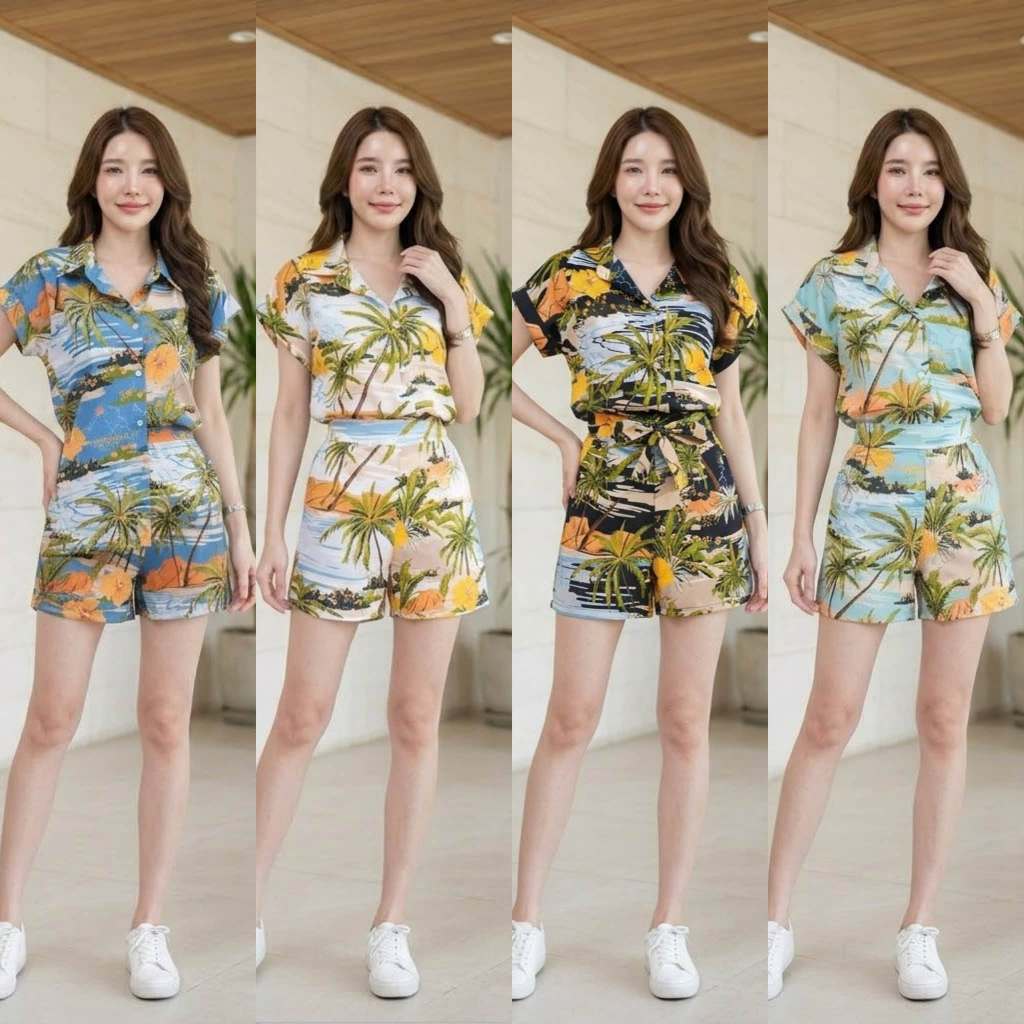 งานเซตเสื้อฮาวาย ลายทะเล ขาสั้น ใส่หน้าร้อน ชุดแฟชั่น ผู้หญิงใส่เที่ยว ใ่เล่นสงกรานต์ สวย ตรงปกน่ารักๆ