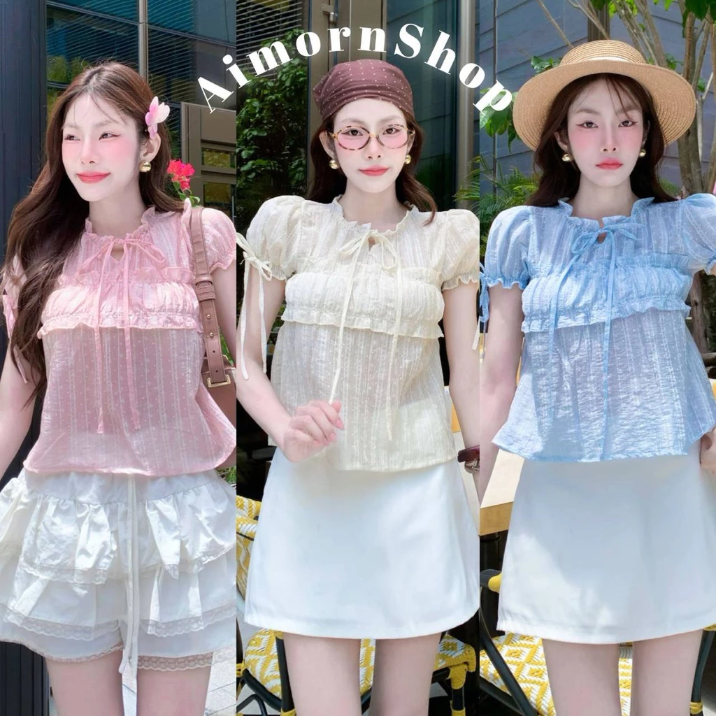🔥aimorn_shop🔥 เสื้อคอกลม แต่งระบายช่วงคอ ช่วงอกเป็นแขนตุ๊กตา ผูกโบว์เพิ่มความน่ารัก