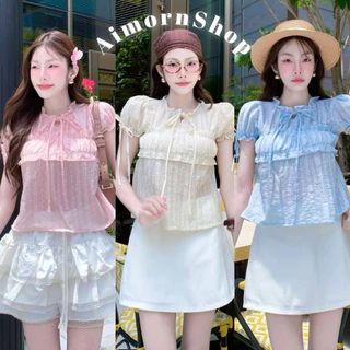 🔥aimorn_shop🔥 เสื้อคอกลม แต่งระบายช่วงคอ ช่วงอกเป็นแขนตุ๊กตา ผูกโบว์เพิ่มความน่ารัก