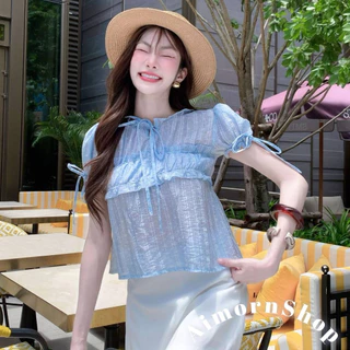 🔥aimorn_shop🔥 เสื้อคอกลม แต่งระบายช่วงคอ ช่วงอกเป็นแขนตุ๊กตา ผูกโบว์เพิ่มความน่ารัก